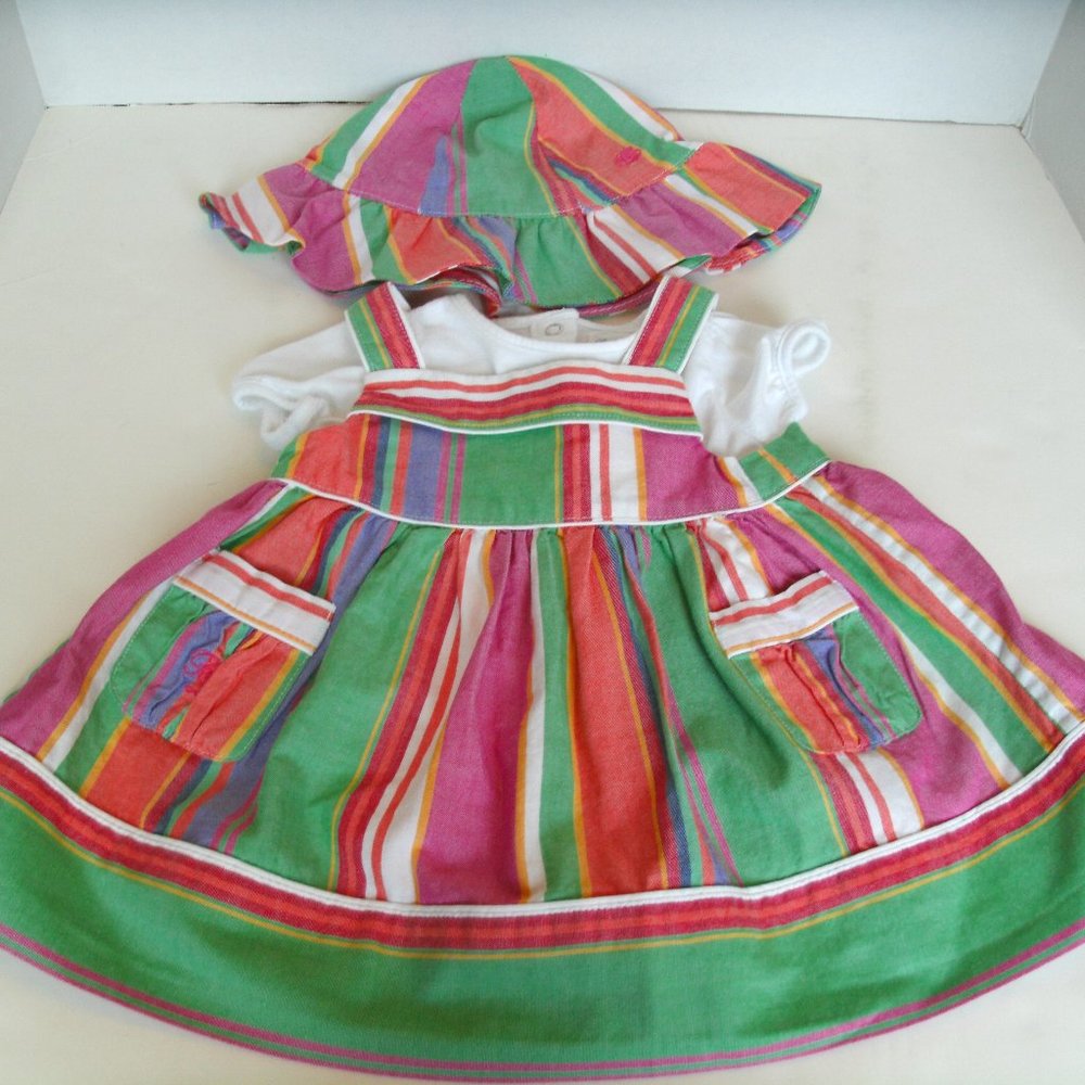 Ralph Lauren Girl's Dress Hat 3 Piece Outfit 3 Months Sleeveless Stripe Cotton